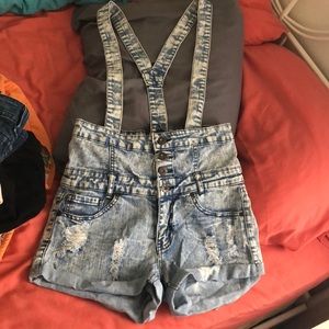 High waisted distressed overall shorts